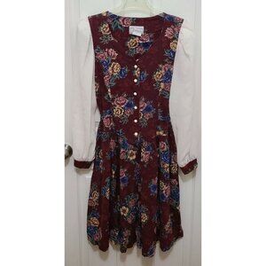 Vtg 90s DBY Womens Long Sleeve Dress Red Floral Cottage Core Prairie Faire 13/14